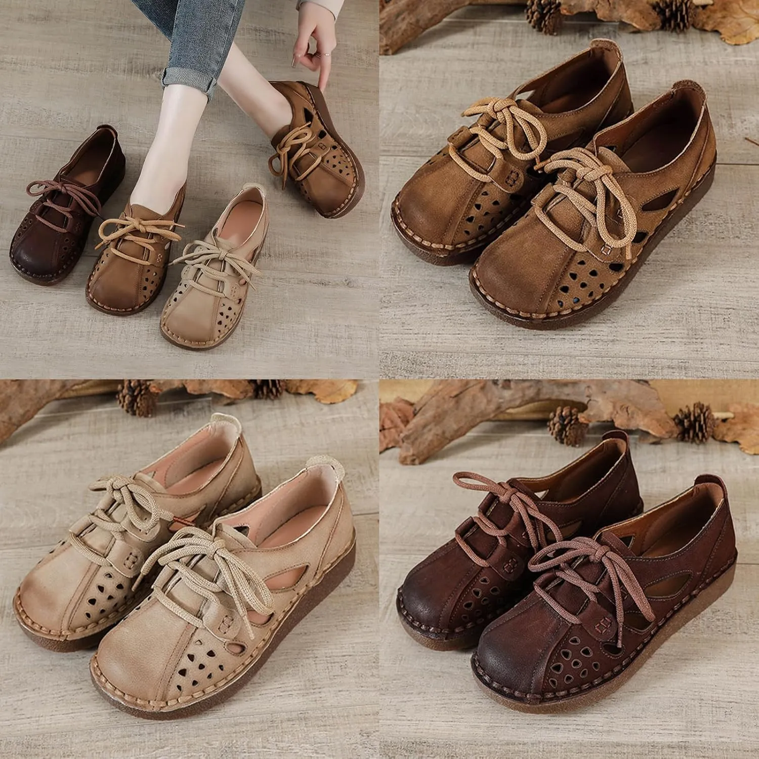Women's Summer Oxford Shoes,Vintage Hand-Stitching Cutout Breathable Non-Slip Softsole Dress Casual Leather Shoes