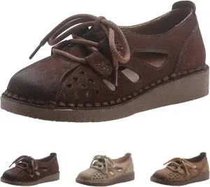 Women's Summer Oxford Shoes,Vintage Hand-Stitching Cutout Breathable Non-Slip Softsole Dress Casual Leather Shoes