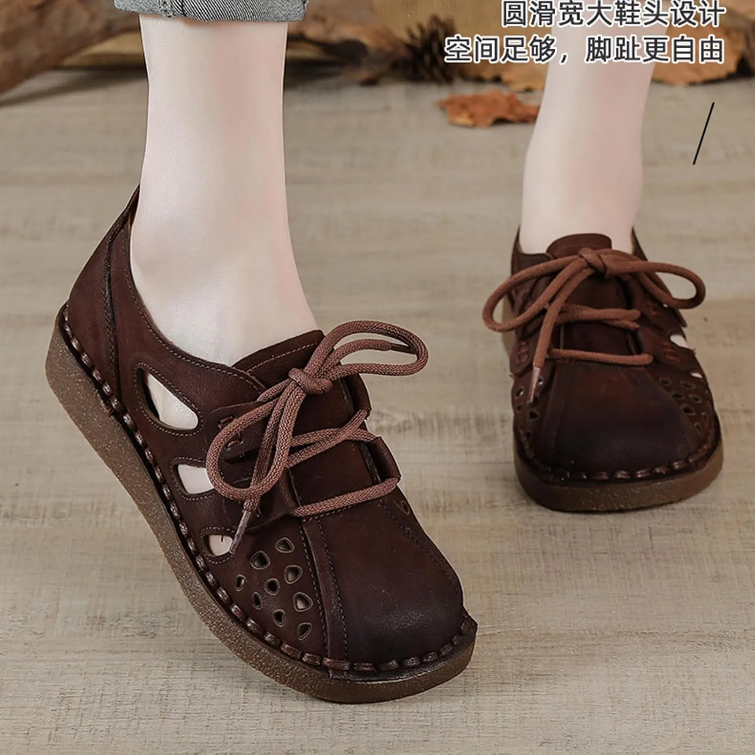 Women's Summer Oxford Shoes,Vintage Hand-Stitching Cutout Breathable Non-Slip Softsole Dress Casual Leather Shoes