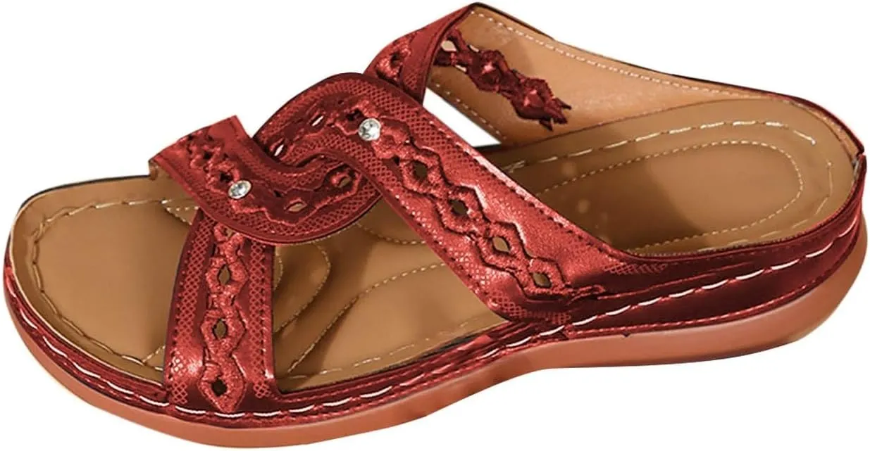 Women's Vintage Cross Band Sandals Hollow Breathable Comfortable Slides Summer Shoes Slip on Low Wedge Sandal