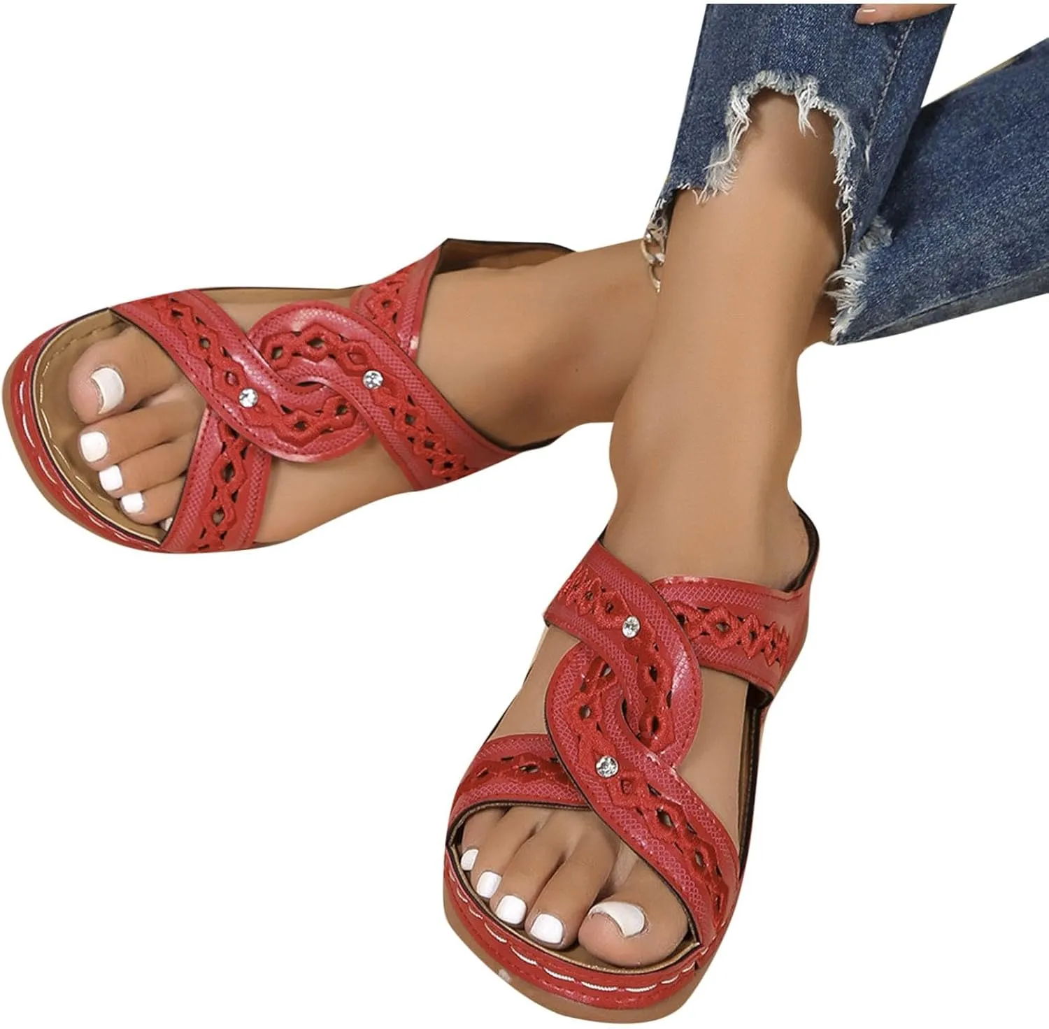Women's Vintage Cross Band Sandals Hollow Breathable Comfortable Slides Summer Shoes Slip on Low Wedge Sandal