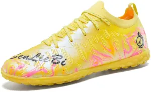 Youth Soccer Shoes for Artificial Turf Training, with Cleat Design in a Herringbone Pattern. Available Colors: Yellow, Pink, Green, and Gold.