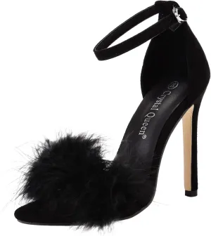 ZSpzx Women's Fuzzy Heeled Sandals Comfort Dressy Ankle Strap Stiletto Sandal for Women 2025 Feather Slip On High Party Prom Dress Open Toe Summer Womens Strappy Block Wedding Shoes For Bride